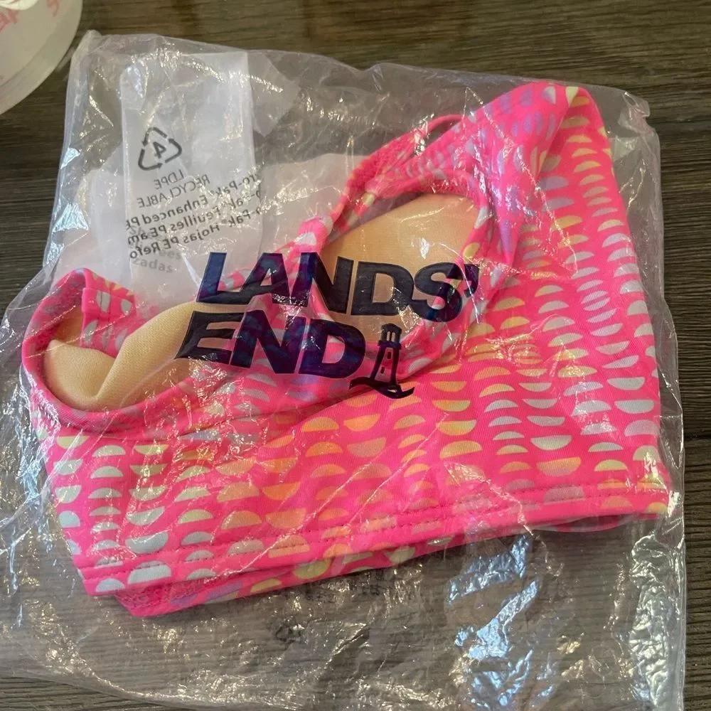 Lands’ End Bright Pink Geo Printed Bikini Top Size 8 New
